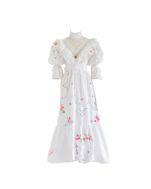 Sugar Cream Vintage White Re-design Upcycled Rose Embroidered Maxi Dress