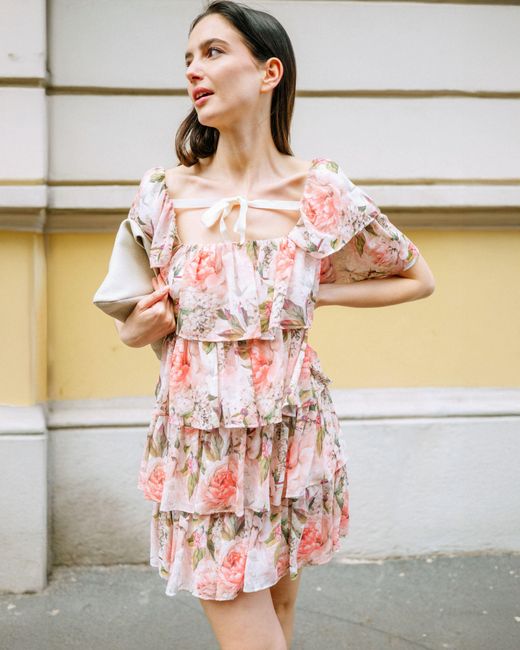 NEVA Pink Lurea Floral Ruffle Mini Dress