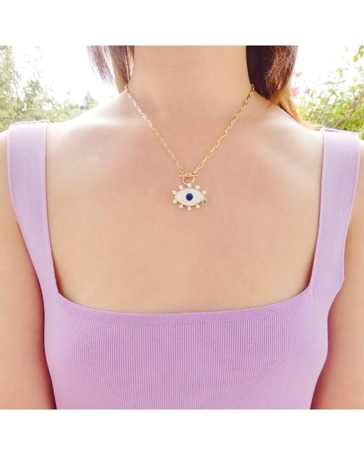VALERIE CHIC Metallic Evil Eye Pearl Necklace 18K