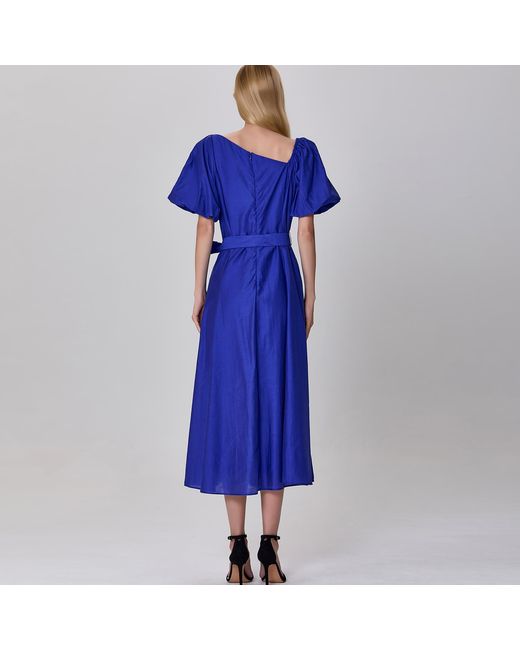 Smart and Joy Blue Fit-And-Flare Asymmetric Collar Dress