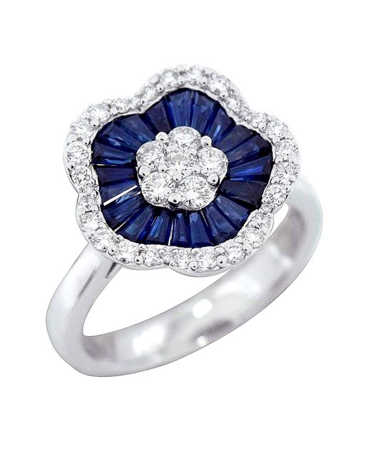 Artisan 18k White Gold With Baguette Blue Sapphire & Diamond Cluster Cocktail Ring