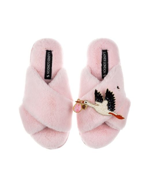 Laines London Pink Classic Laines Slippers With Baby Girl Stork Brooch