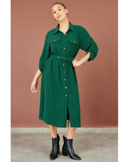 Yumi' Green Stretch Midi Shirt Dress