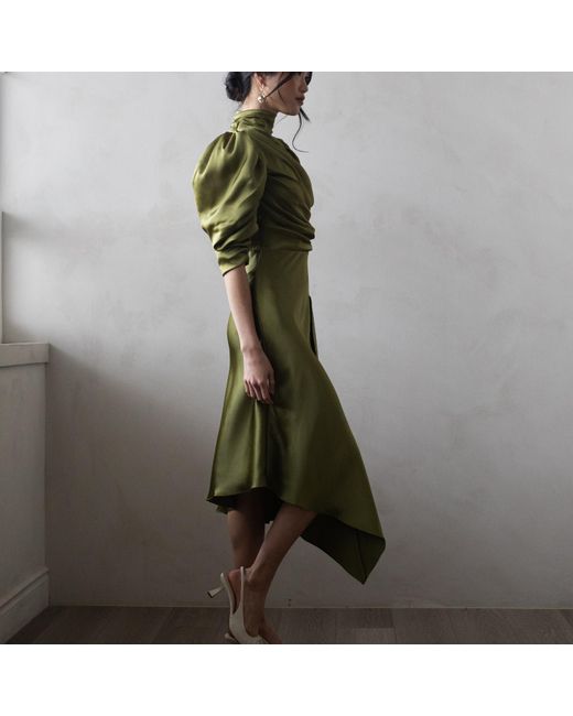 Vasiliki Atelier Green Flavia Satin Draped Dress Midi Pistachio Cut-out Back