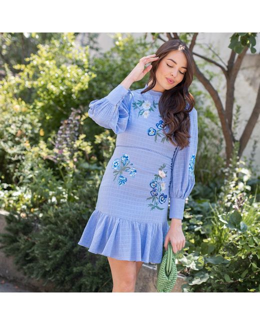 Hope & Ivy Blue The Monnie High Neck Embroidered Long Sleeve Mini Dress