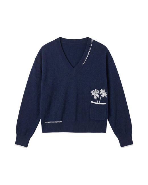 Brodie Cashmere Blue Palm Pocket V Neck Cashmere Jumper