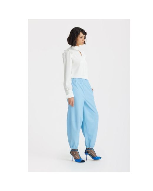 Julia Allert White Neutrals Designer Satin Blouse With Bishop Sleeves And Stand Collar –