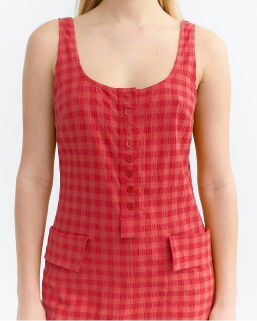 Thinking Mu Red Maud Seersucker Jumpsuit