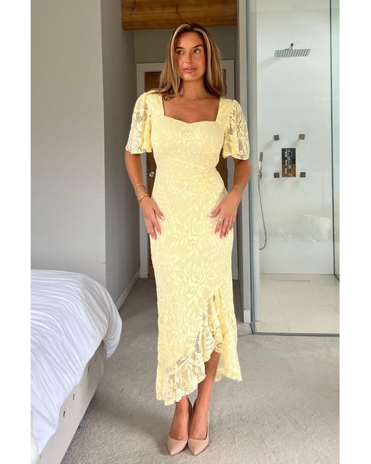 Girl In Mind Yellow Heidi Lace Ruched Midi Dress