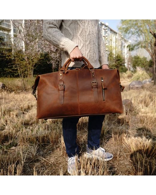Touri Brown Zip Detail Genuine Leather Holdall for men