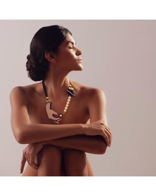 Gissa Bicalho Blue Handmade Acrylic Necklace Hand & Pearl