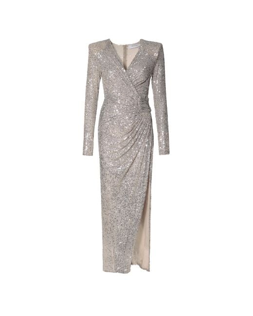 AGGI by HALEWSKI Gray Neutrals Scarlet Champagne Sequined Maxi Dress With Long Sleeves