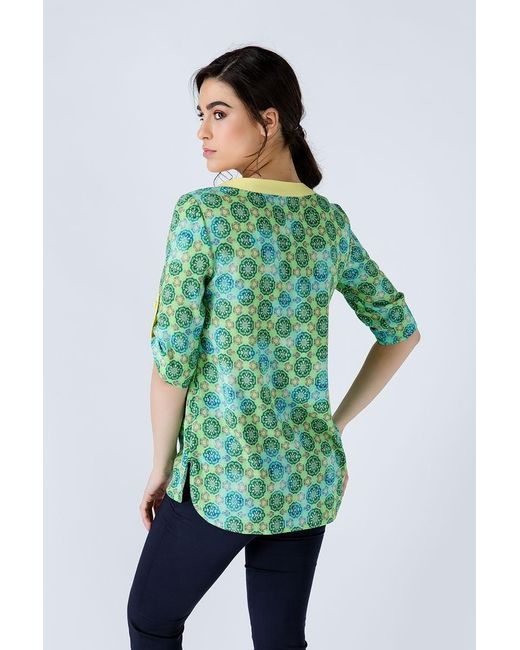 Conquista Green Print Poplin Top With Trim