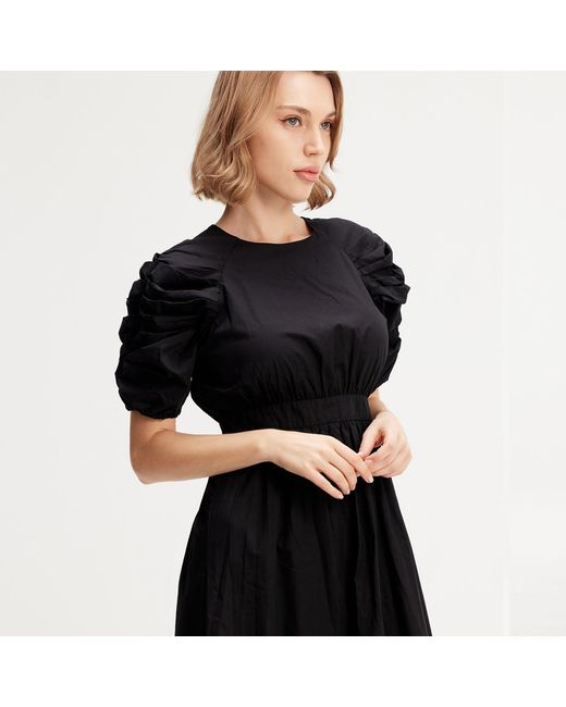Smart and Joy Black Trapeze Dress With Puffed Sleeves