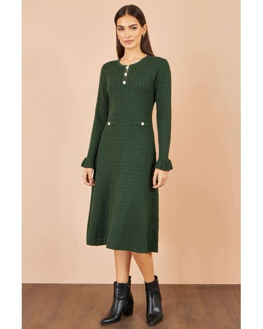 Yumi' Green Viscose Knitted Midi Dress With Buttons