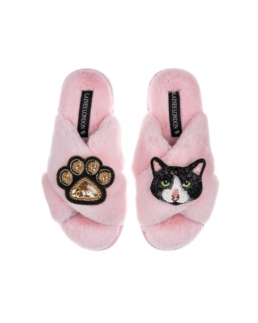 Laines London Pink Classic Laines Slippers With Oreo Cat & Paw Brooches