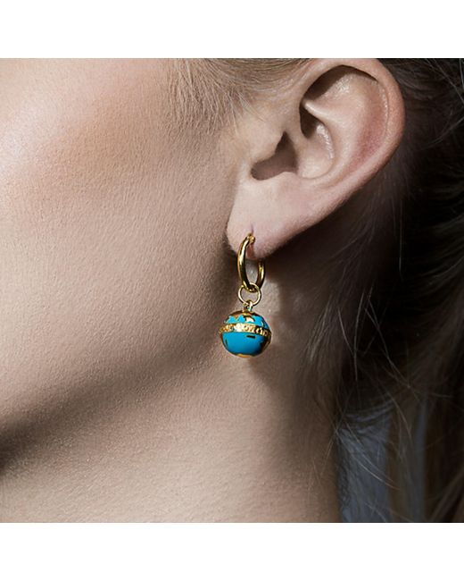 True Rocks Blue Turquoise Enamel & 18kt Gold Plated Globe Earring On Gold Hoop. for men