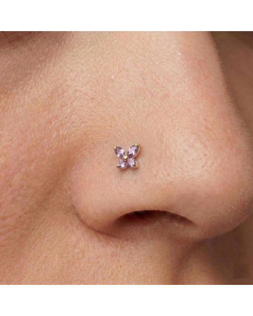 Zahav Jewelry Metallic 14K Solid 24G Amethyst Cz Butterfly L-Shape Nose Stud