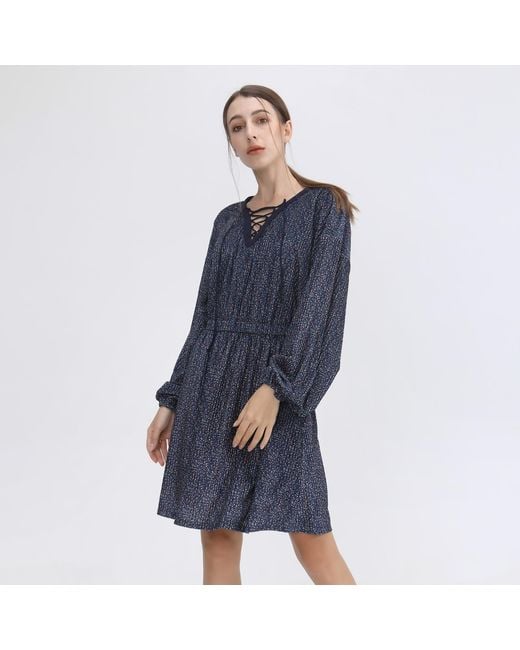 Smart and Joy Blue Lacing On V-Neck Velvet Tunic Dress With Liberty Print