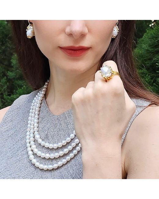 Farra Metallic Baroque Pearls With Band Adjustable Ring