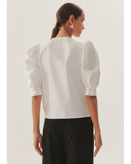 Exquise White Regular Puff Sleeve Poplin Keyhole Blouse