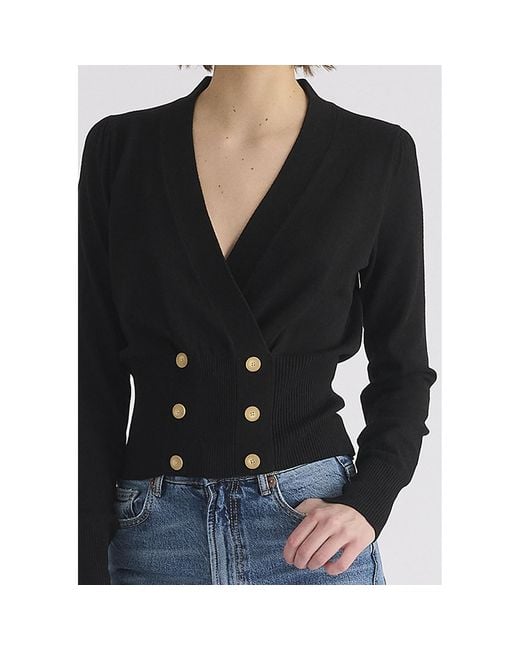 Paisie Black Long Sleeve Knitted Button Wrap Top