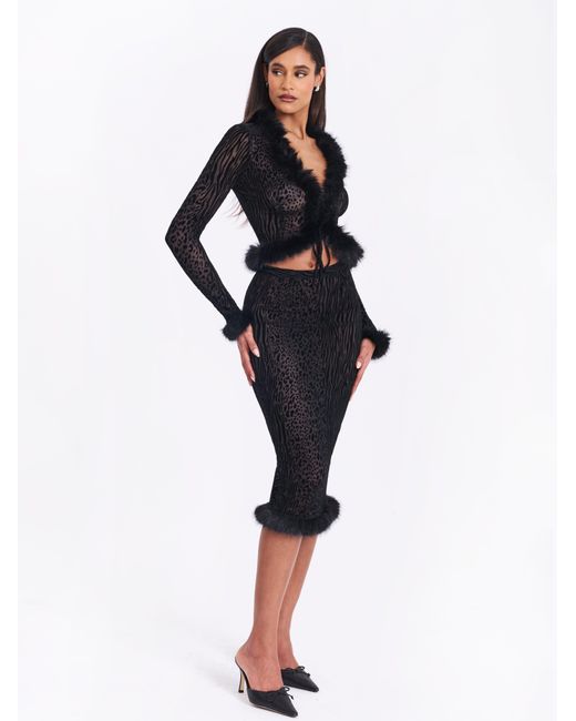 Miss Circle New York Black Halia Animal Print Burnout Velvet Fur Trim Skirt