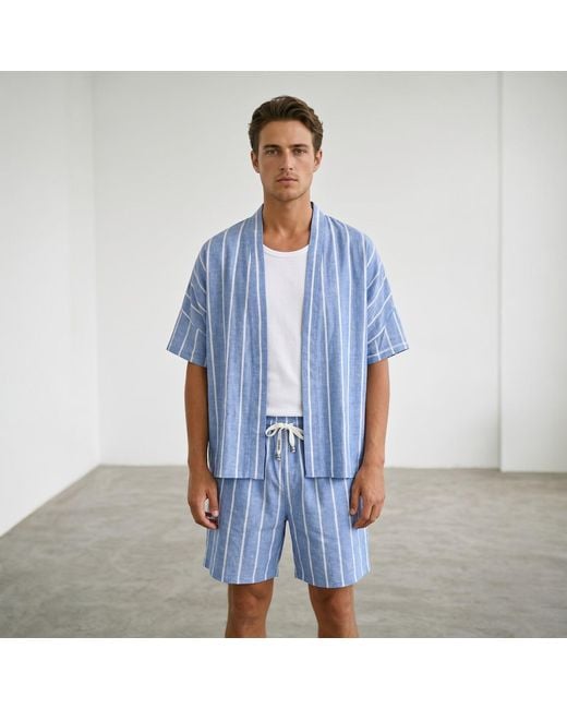 ORIGIN OF HEARTS Blue Valerie Nautical Stripe Kimono Shirt for men