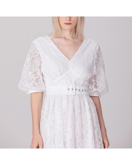 Smart and Joy White All-Lace Puffy Sleeves Dress With Belt