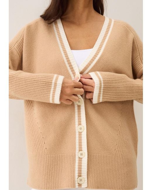 Loop Cashmere Natural Neutrals Striped Tipped V Neck Lofty Cardigan