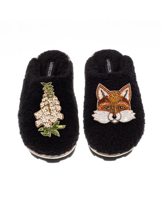 Laines London Black Teddy Closed Toe Slippers With Fox & Foxglove Brooches