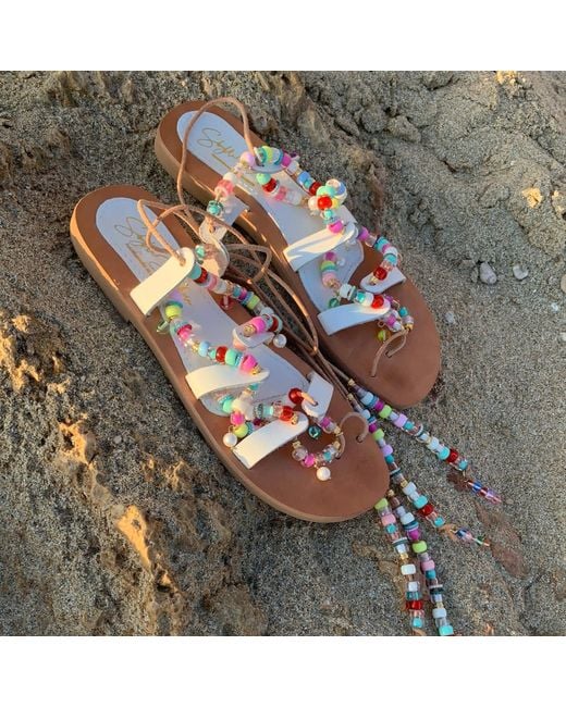 Sibylla Delphica White Neutrals Leather Sandals With Beads