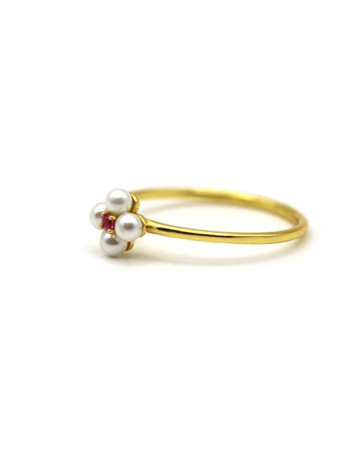 VicStoneNYC Fine Jewelry Metallic Flower Pearl With Ruby Gemstone Ring