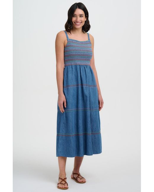 Sugarhill Blue Murren Shirred Midi Dress Washed Denim