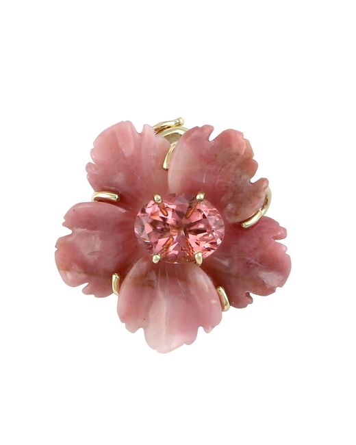 Artisan Red 14K Carved Onyx & Tourmaline Flower Pendant