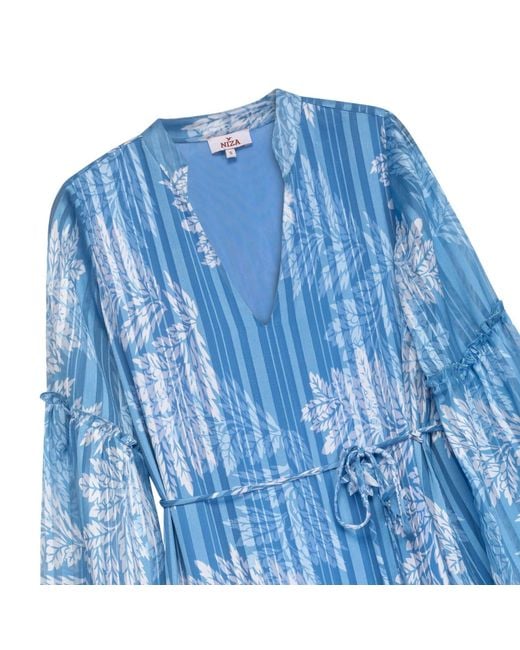 Niza Blue Floral Print Straight Dress With Short Sleeves