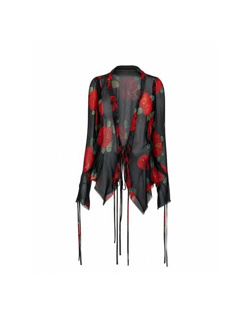 concept A trois Red Chiffon Blouse Adorned With Roses
