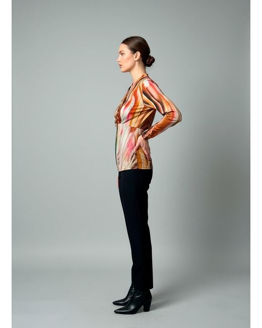 Conquista Orange Abstract Marbled Print V-Neck Long-Sleeve Top