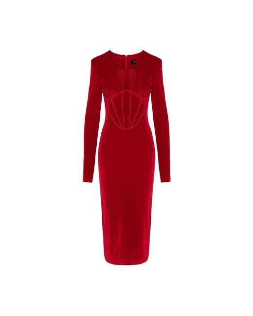 BLUZAT Women's Red Velvet Dress With Corset