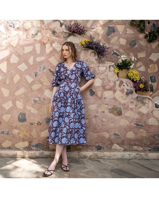 Echo of Pink Blue Elodie Hand Block Print Cotton Drop Waist Dress