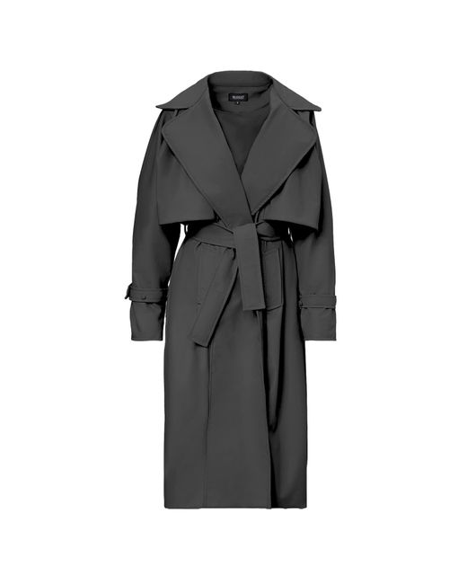 BLUZAT Black Leather Raglan Sleeve Trench Coat With Belt