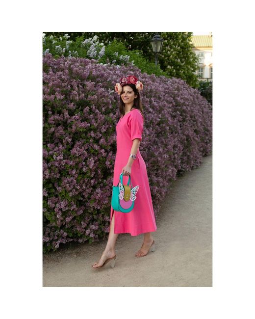 Oh!Zuza Pink Echo Viscose Midi Dress Short Sleeve With Pockets
