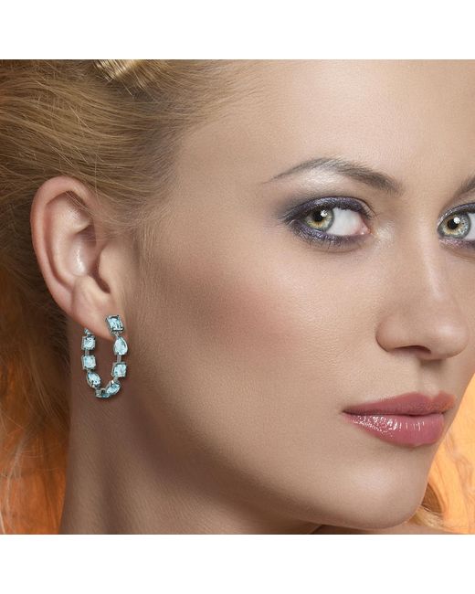 Artisan Solid Gold Blue Topaz Hoop Earrings Gemstone Jewelry