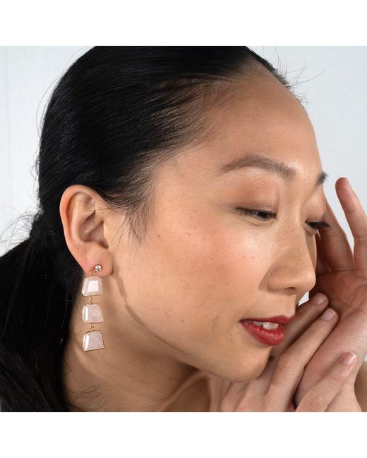 Rare Matters Jewelry Metallic Prism Ladder Rose Quartz Triple Drop Earrings