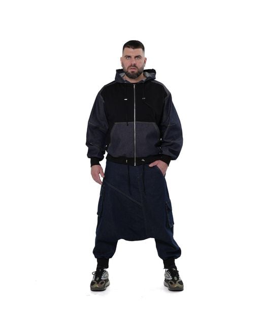 Metamorph Blue Bomber Jacket With Denim Panels for men