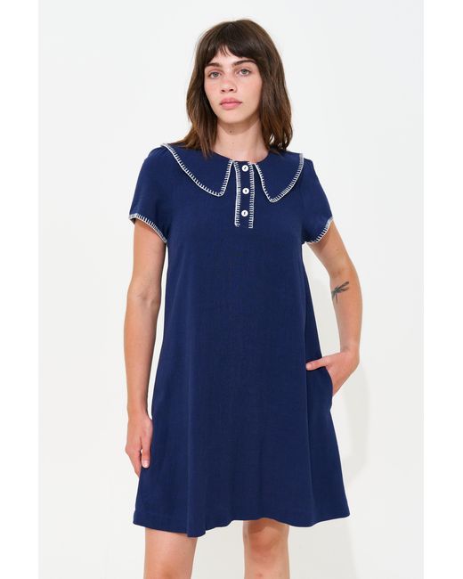 Louche Blue Dot Blanket Stitch A-Line Mini Dress