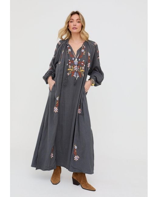 Raffya Gray Elisa Kaftan Style Embroidered Maxi Dress