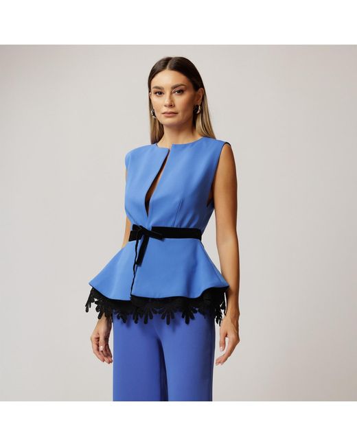 concept A trois Blue Royal Vest, Fitted With Peplum And Lace Details