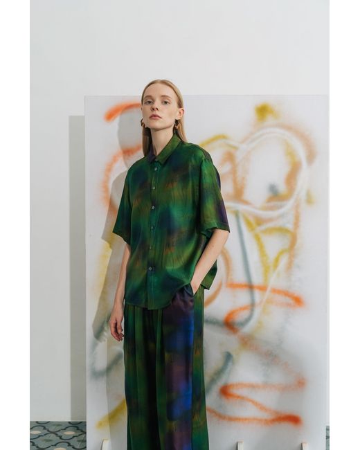 Lost Pattern Green Brooklyn Oversized Silk Shirt