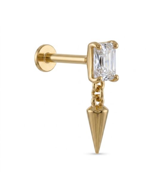 Zahav Jewelry Metallic 14K Solid 18G 8Mm Emerald Cut Cz Internally Threaded Flat Back Stud With Spike Drop